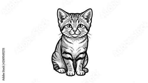 Tabby kitten woodcut illustration sitting