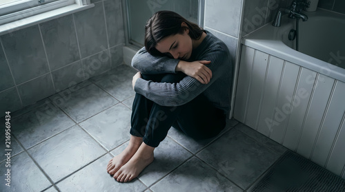 A sorrowful young woman sitting on the tiled bathroom floor embracing her knees while experiencing intense emotional distress and loneliness during a period of difficult personal mental health
