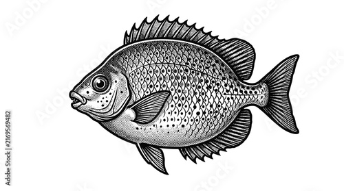 Vintage engraving of a sunfish swimming.
