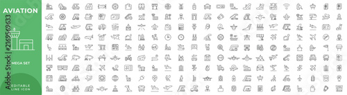 Airport icon set in linear style. Collection of Aviation, flight line icons, including plane, airplane, flight, airline, boarding pass, tickets, baggage, seat, traveler. Editable stroke