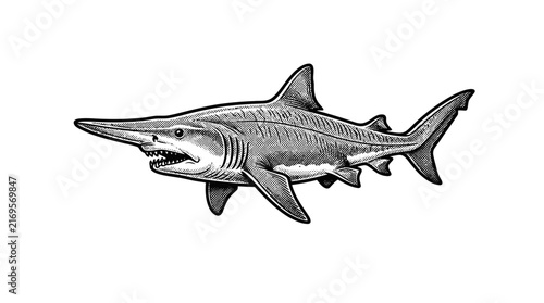 Vintage sawshark engraving with long saw snout