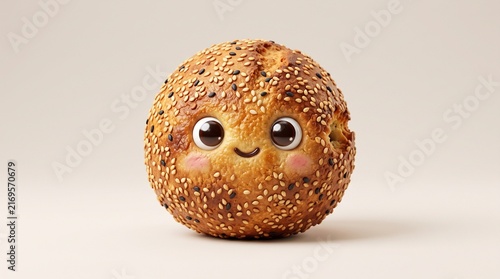 Sesame seed bread bun with a happy facial expression stands centered on a light colored plain surface.