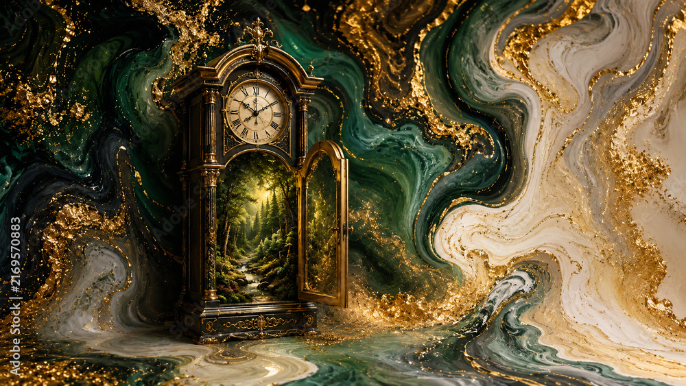 Fototapeta premium Ornate antique grandfather clock with an open door revealing a luminous forest pathway, set against swirling emerald green and gold liquid marble textures with gilded flecks