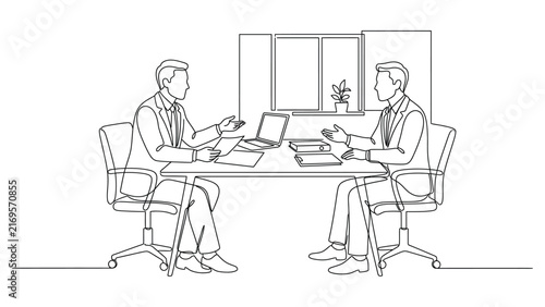 Continuous line drawing of two businessmen having a professional meeting at an office desk.