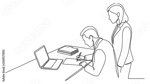 Continuous line drawing of a businessman signing a document while a businesswoman stands beside him.