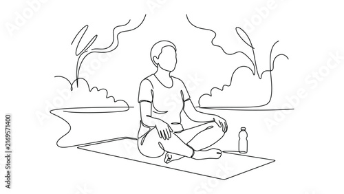 One continuous line drawing of a woman practicing yoga and meditation.