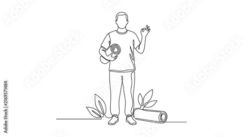 Continuous line drawing of a man holding a yoga mat.