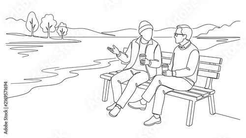 Line art illustration of two men sitting on a bench having a conversation.