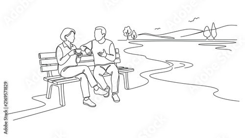 Line art illustration of an elderly couple sitting together on a park bench.