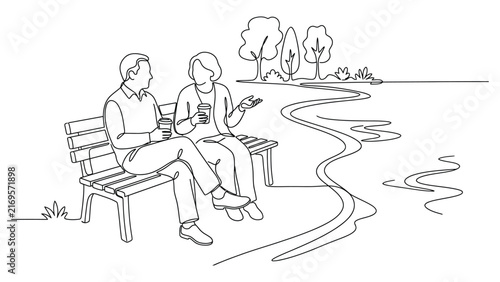 Continuous line drawing of an elderly couple sitting on a bench.