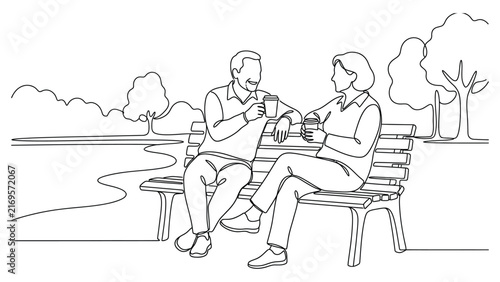 Continuous line drawing of an elderly couple sitting on a bench.