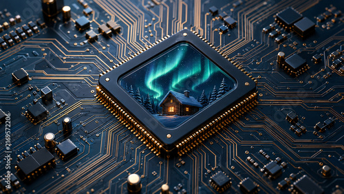 A cozy snow-covered cabin glowing under vibrant aurora borealis displayed within a microprocessor chip on an intricate gold circuit board, blending technology with serene winter nature.