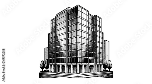 Modern glass skyscraper building in woodcut illustration style.