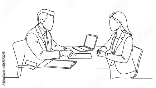 Continuous line drawing of a business meeting between a manager and an employee.