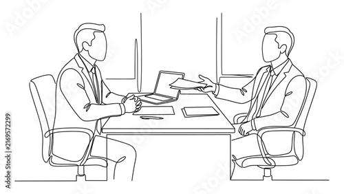 Continuous line drawing of two businessmen having a meeting in an office.