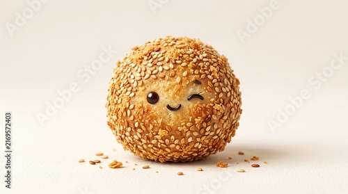 Sesame ball with a cute winking face and sesame seeds sits on a neutral background with copy space.