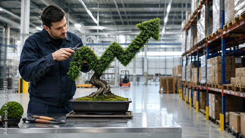 A focused worker in blue coveralls carefully prunes a bonsai tree sculpted into an upward-trending arrow shape inside a large warehouse, symbolizing business growth and success.