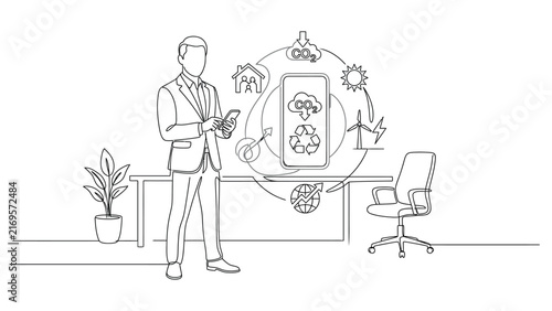 Continuous line drawing of a businessman using digital eco technology in office.