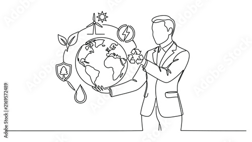 Continuous line drawing of a businessman holding the earth with environmental icons.