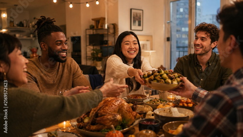 Diverse Friends Share Casual Friendsgiving Dinner
