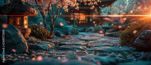 Serene Japanese garden pathway at dusk with glowing stone lanterns, blooming cherry blossom trees, scattered pink petals, and warm golden sunlight filtering through the tranquil landscape.