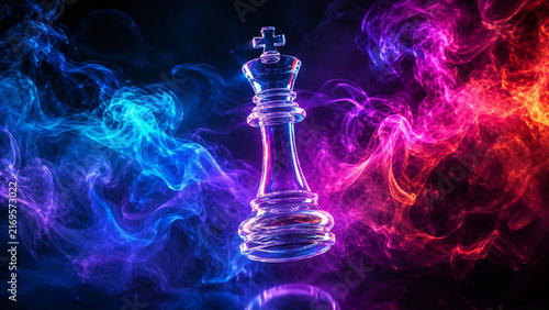 A translucent glass chess king stands illuminated amidst swirling blue and crimson smoke, symbolizing strategic competition and the duality of opposing forces.