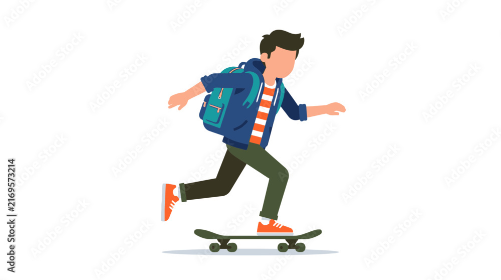 Fototapeta premium Young boy with backpack rides a skateboard