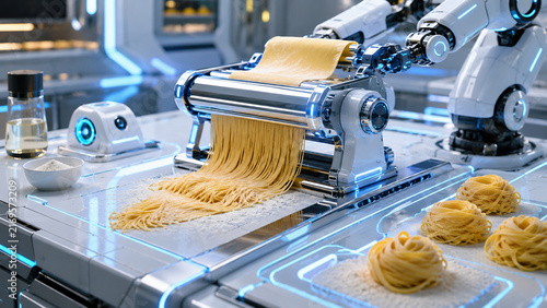 Futuristic robotic arm automates pasta making, cutting fresh tagliatelle dough through a sleek stainless steel machine in a high-tech kitchen with glowing blue LED accents.