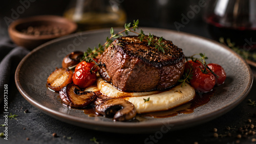 Succulent seared beef filet mignon resting on creamy mashed potato with roasted cherry tomatoes, sautéed mushrooms and fresh thyme, drizzled with rich brown sauce on a dark ceramic plate.