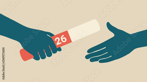 Year transition concept: Hands passing a baton from 2026 to 2027