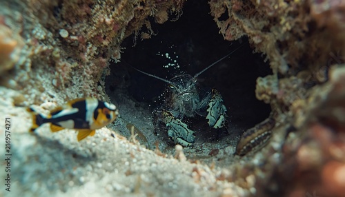 Goby Fish and Pistol Shrimp Sharing a Coral Reef Burrow