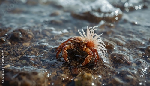 Hermit Crab Carrying Sea Anemone for Mutual Protection on Rocky Shore