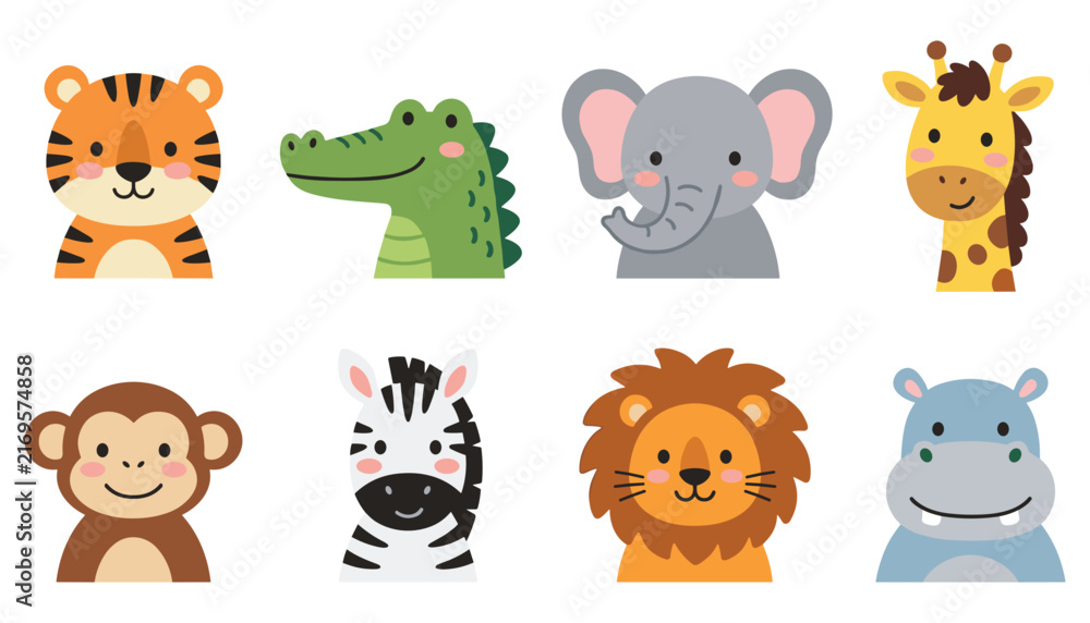 Fototapeta premium Cute Cartoon Safari and Jungle Animal Face Vector Set with Baby Tiger Crocodile Elephant Giraffe Monkey Zebra Lion and Hippo Avatars