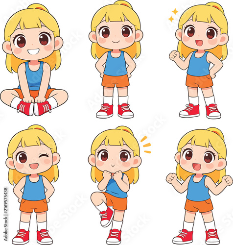 Set of cute blonde girl character in sport outfit with different poses