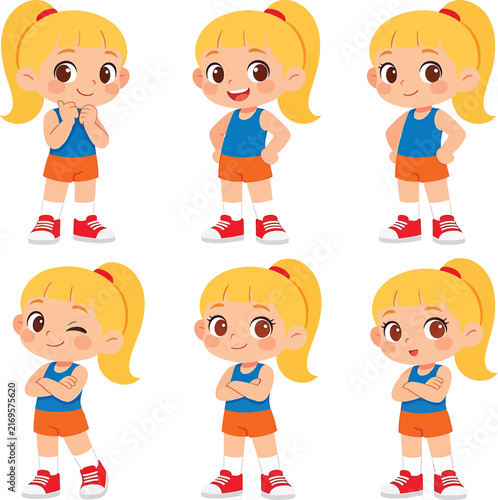 Set of cute blonde girl character in sports clothes with various poses