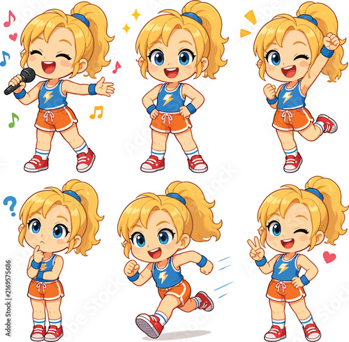 Set of cute blonde girl character in sportswear poses and activities