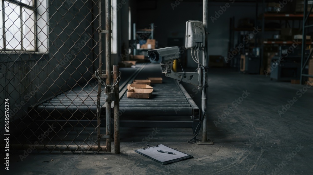 Fototapeta premium Locked warehouse gate, idle conveyor rollers, machine vision camera, RFID antenna, and clipboard highlighting AI supply chain bottlenecks