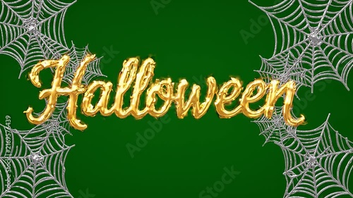 Golden Metallic Halloween Text Balloon Floating with Silver Spiders Webs on a Dark Green Background Animation
