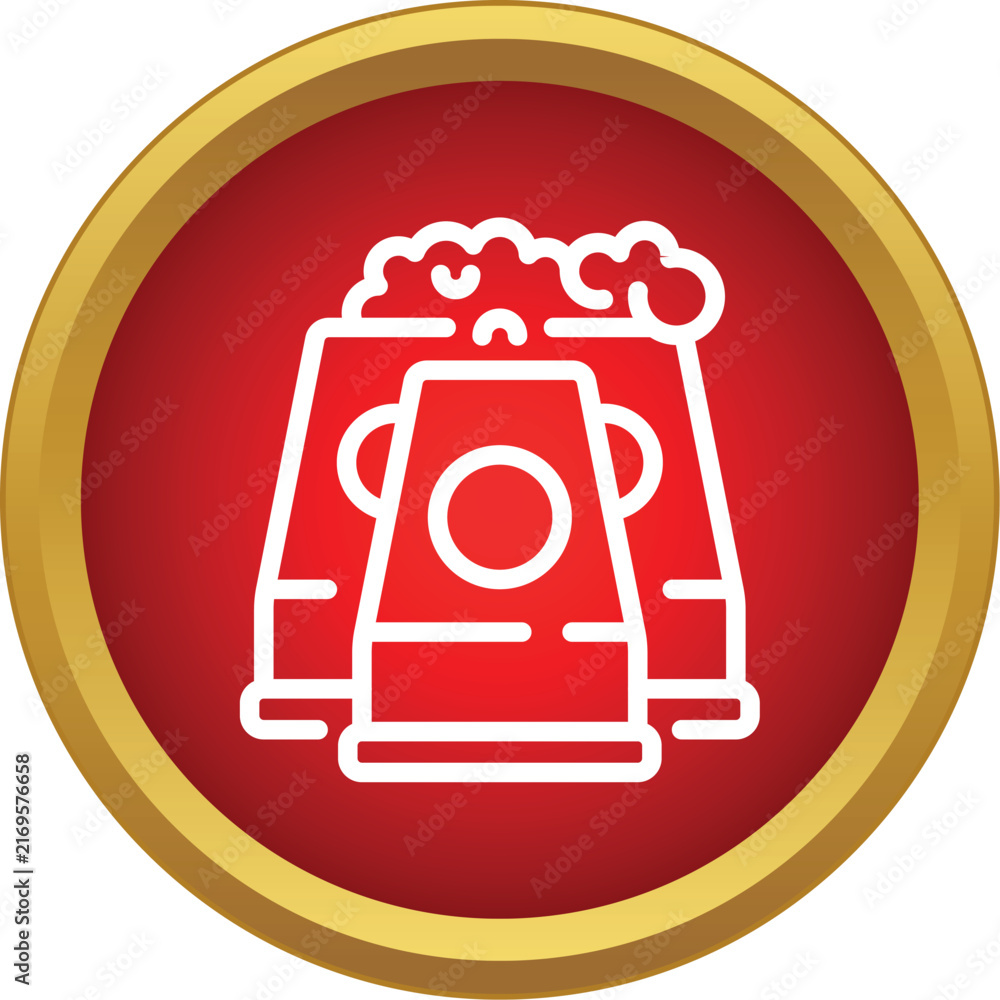 Naklejka premium Industrial power plant cooling towers with smoke in a red and gold button