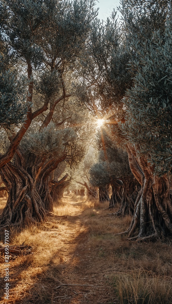 Fototapeta premium Sunlight shines through a serene olive grove, illuminating a rustic path between ancient twisted trees.