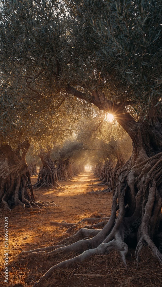 Fototapeta premium Sunlight shines through a serene olive grove, illuminating a rustic path between ancient twisted trees.