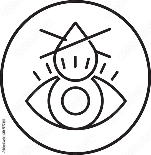Minimalist line art icon of an eye with a crossed-out teardrop representing dry eye relief or vision protection concept isolated on white
