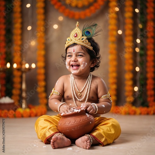 Adorable little Indian boy dressed as Lord Krishna for Janmashtami celebration, laughing while eating butter from an earthen pot in festive decorated background.