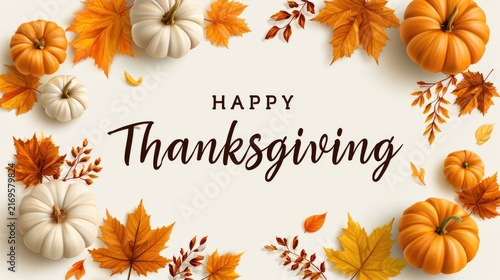 happy thanksgiving greeting with pumpkins and autumn leave border illustration