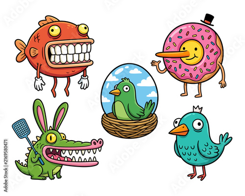 Funny Cartoon Characters Collection Featuring A Strange Fish A Smiling Donut A Green Bird In A Nest An Alligator Carrying A Flyswatter And A Little Blue Bird Created With Playful Artistic Energy