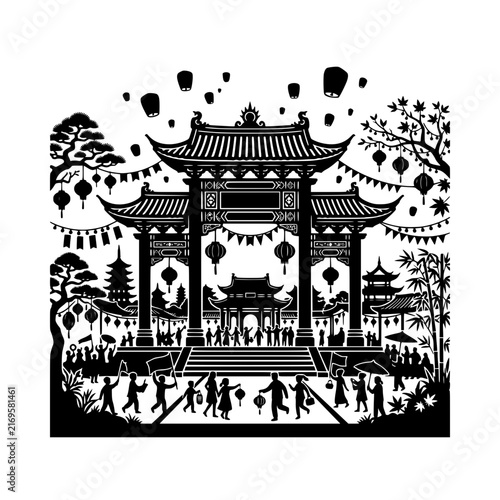 Traditional Asian festival celebration silhouette illustration