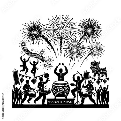 Celebration parade featuring drummers gong player lion dance fireworks silhouette illustration