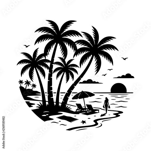 Tropical beach silhouette illustration with palm trees and sunset