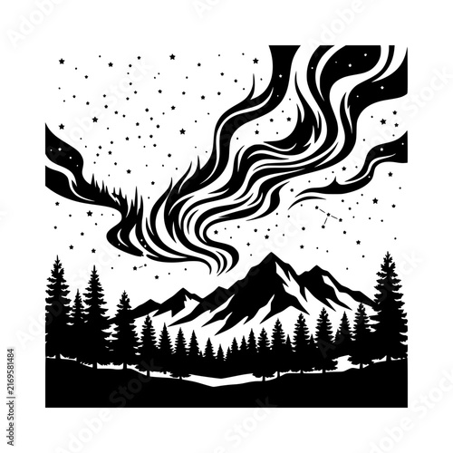 Northern lights over mountain forest silhouette vector illustration