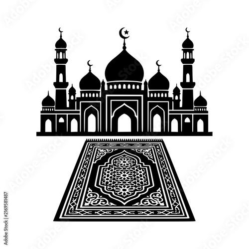 Islamic mosque silhouette illustration with prayer rug vector design